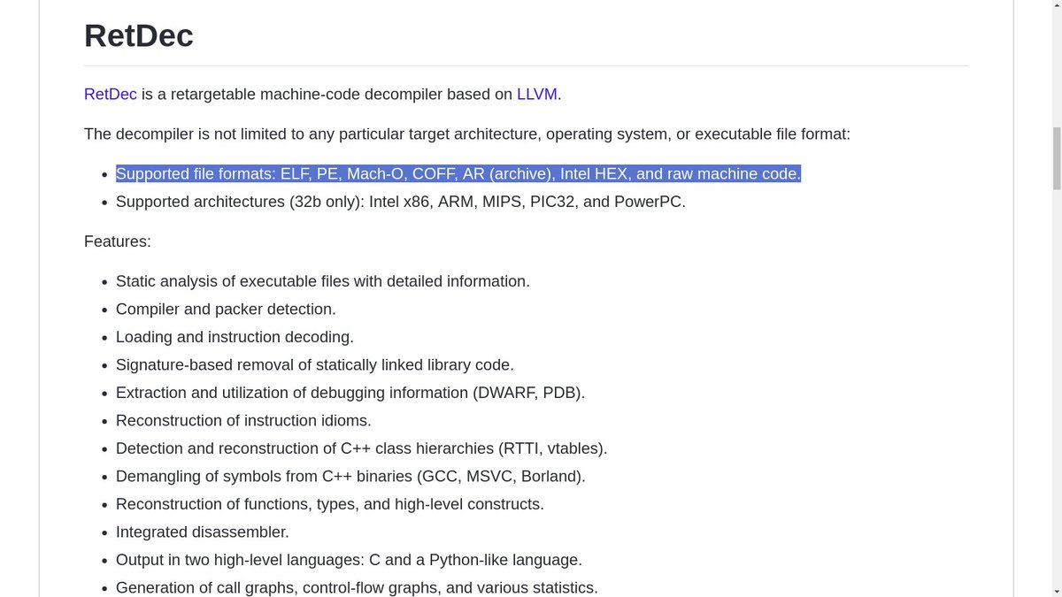 _odisseus's tweet photo. Use a #RetDec, Retargetable machine-code Decompiler that is not limited to any particular target architecture, operating system, or executable file format. Features reported here ⬇️ https://t.co/AIRrV8vNpv https://t.co/RQ4kPTbq4J