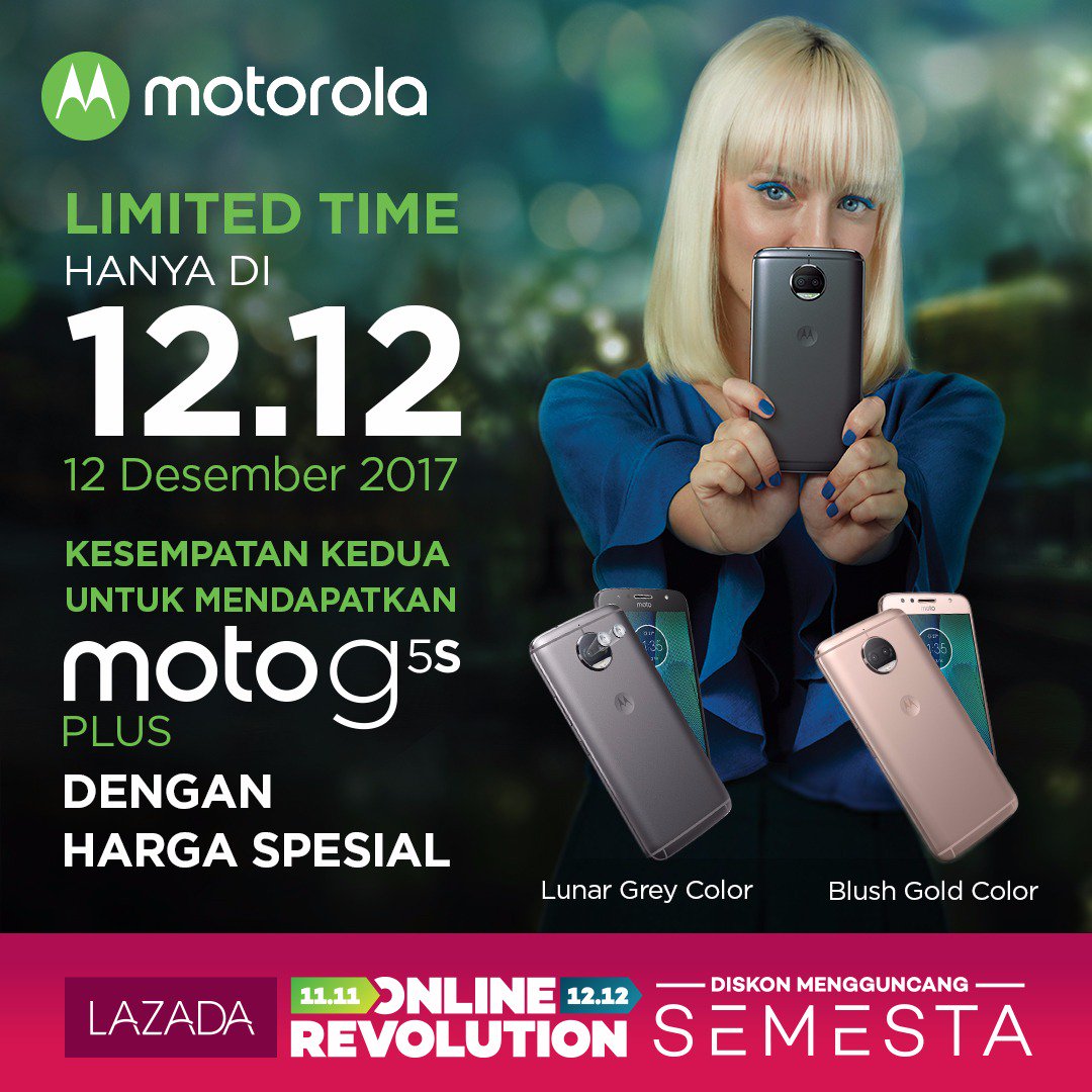 motorolaID_'s tweet photo. Ini kesempatan terakhir untuk dapatkan Moto G5s Plus dengan harga Rp 2.899.000,- warna Blush Gold dan Lunar Grey di @LazadaID 12.12. Segera beli dengan klik https://t.co/2l5rfcCNV5 ! #MotoIndonesia #GetPlusGetMore https://t.co/1lL2z2S7yt