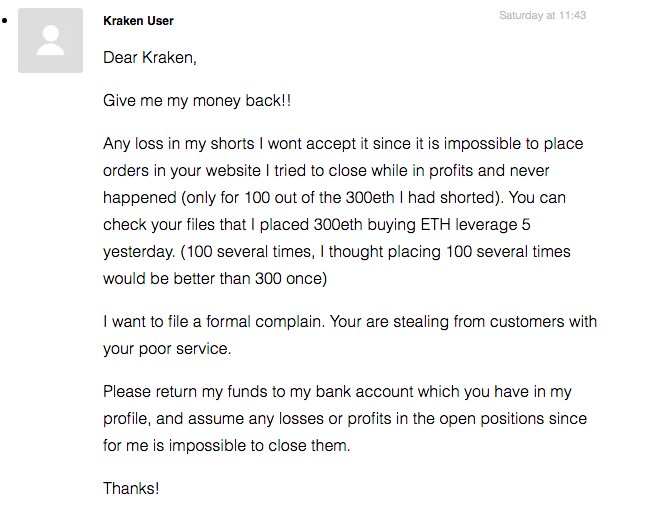 vperiscebrian's tweet photo. @krakensupport Here you have my support ticket which I escalated nr 1004438. Everyone must know that Kraken is a trap. You wont get out alive of it. I tried to close my ETH shorts on saturday and sunday, dozens of times. Send a ticket and nothing was done. Now I am losing most of my savings. https://t.co/AupKJ9XaRc
