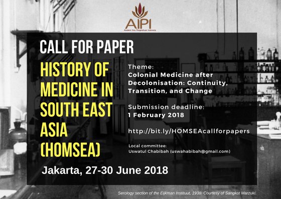 Jika Anda peneliti bidang sejarah ilmu kesehatan, yuk kirim aplikasi untuk mengikuti konferensi History of Medicine in South East Asia (HOMSEA)! Batas akhir pengiriman 1 Februari 2018. Info lengkap di bit.ly/HOMSEAcallforp…