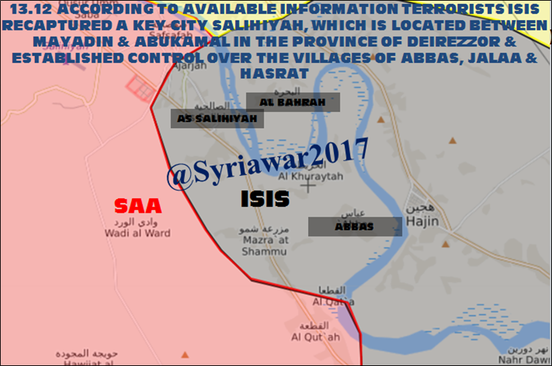 Syriawar2017's tweet photo. #BREAKING According to available #information #Terrorists #ISIS recaptured a key city #Salihiyah, which is located between #mayadin &amp; #abukamal in the province of #DeirezZor &amp; established control over the villages of #Abbas, #Jalaa &amp; #Hasrat

#SAA #Abukemal #DeirZor #Daesh #ISIL https://t.co/FVxWVkpDuN
