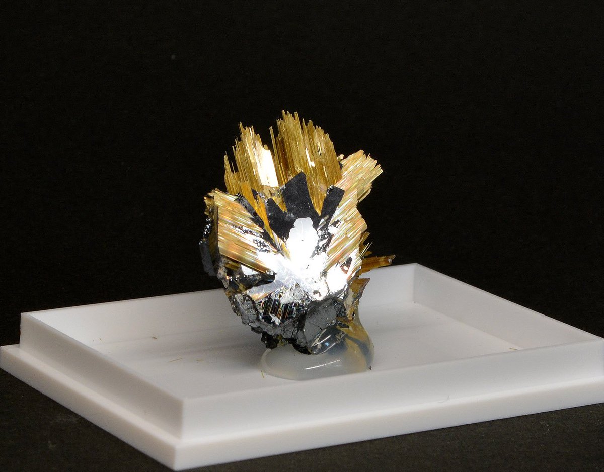 石長櫻子 植物少女園 金色の放射状に伸びている部分がルチル 中央の黒い部分はヘマタイトで 形状から太陽ルチルと呼ばれているものです 光沢が強くて綺麗で格好良い ルチル部分が壊れやすいので取扱いには気を使います