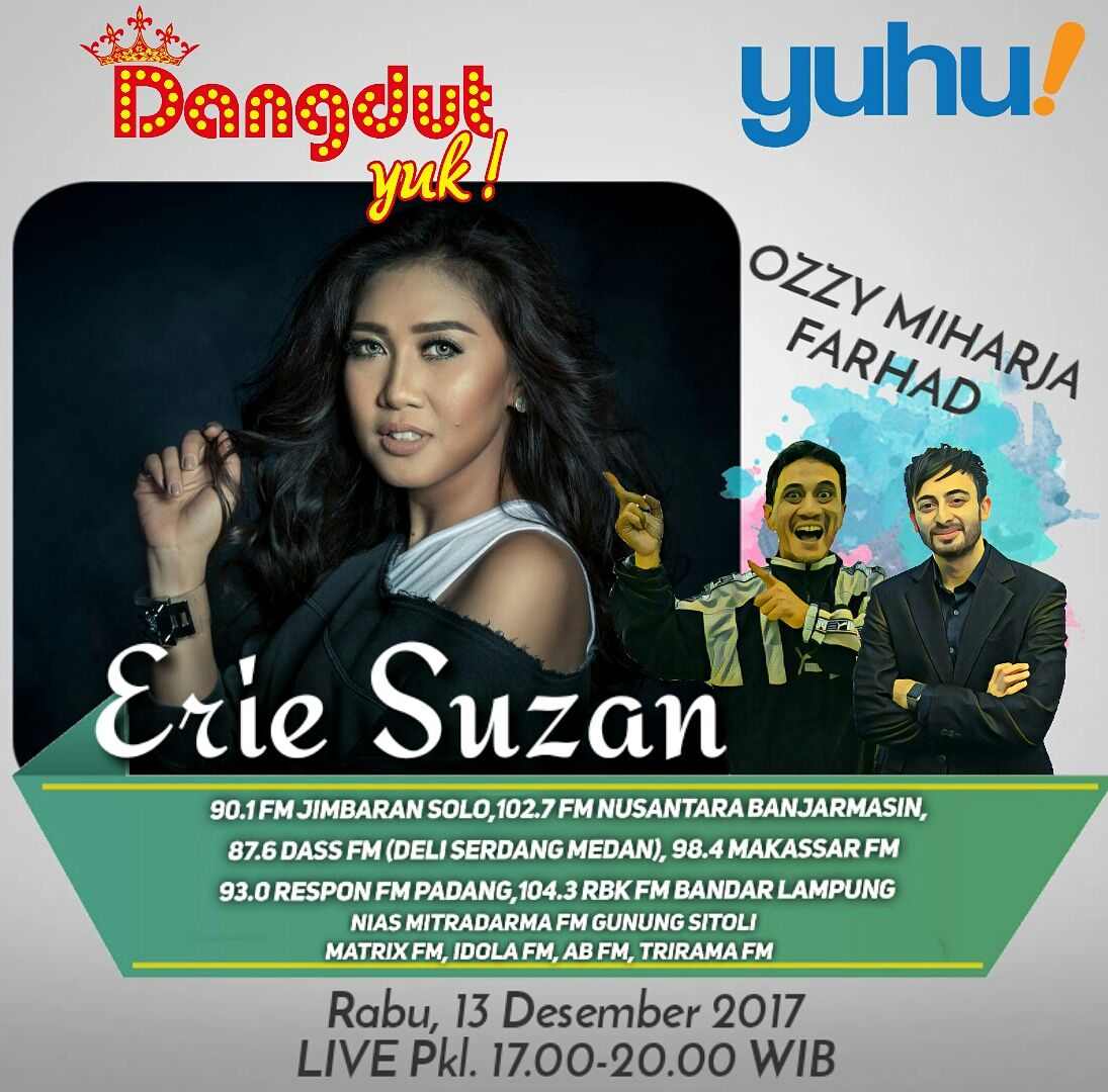 Hari ini di Dangdut Yuk Sore kedatangan biduan kece @eriesuzan yg bakalan seru2an brg @ozzymiharja & @defarhad 😉 Pantengin mereka dr jam 17.00-20.00 wib! Jangan sampe ketinggalan yaa dangdut lovers.. #DYS