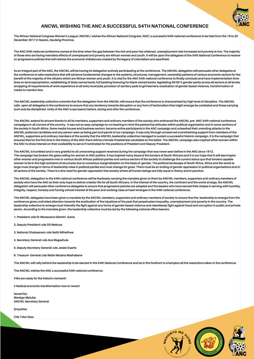 The <a href="/ANCWomensLeague/">ANC Women's League</a> Wishes <a href="/MYANC/">ANC - African National Congress</a> a successful 54th elective conference