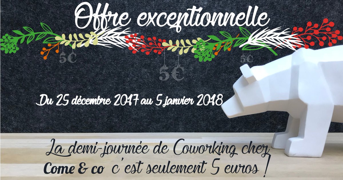 comeandco🎄🔝[OFFRE DE NOËL] 🔝🎄

🎁Du 25 décembre 2017 au 5 janvier 2018, la demi-journée est à seulement 5€ ! 🚩Pour réserver votre espace contactez-nous au 02.53.57.46.37 ou à contact@comeandco.com

#Angers #offre  #coworking #work #christmas #comeandco  #gift #special