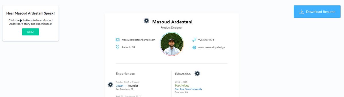 startupbutton_'s tweet image. Masoud  Ardestani had no job offers and his resume was getting rejected.  He  thought if the interviewer would have heard him then he would be  hired!  So Masod built #Cezan.  Cezan enables audio recordings to your resume. 
cezan.co/?ref=startupbu…