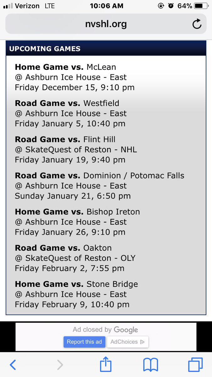 Next game is this Friday vs. McLean at the Ashburn Ice House @ 9:10pm. Come out and support