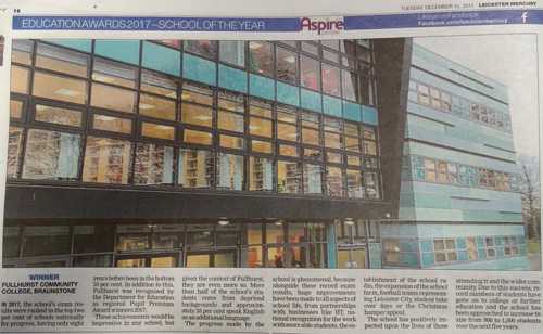 Did you see the fantastic #lmeducationawards supplement in the Leicester Mercury yesterday?  Fullhurst Community College won the prestigious School of the Year Award 2017 in recognition of our #PupilPremium work &amp; overall student progress #Progress8. ow.ly/c0cC30hckym