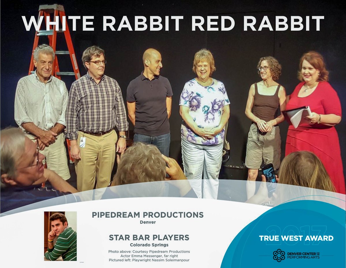 MooreTheatre's tweet photo. Today's #TrueWestAward: In 2010, a confined Iranian playwright sent out a  message in a bottle. This year, two Colorado companies found it and staged the most intriguing party game of the theatre year: #WhiteRabbitRedRabbit https://t.co/SceLgn9ipz @denverpipedream @starbarplayers https://t.co/bf7YI7rksx