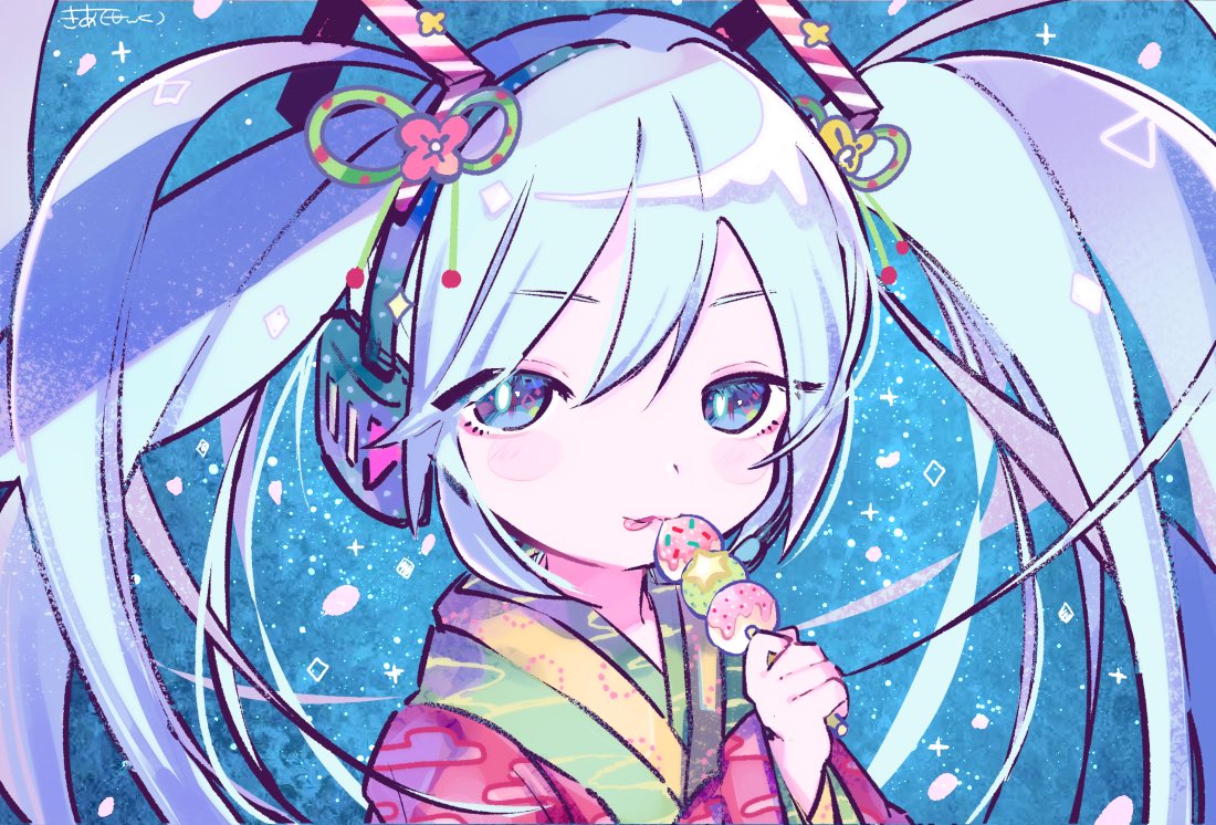 hatsune miku 1girl solo japanese clothes kimono long hair twintails food  illustration images