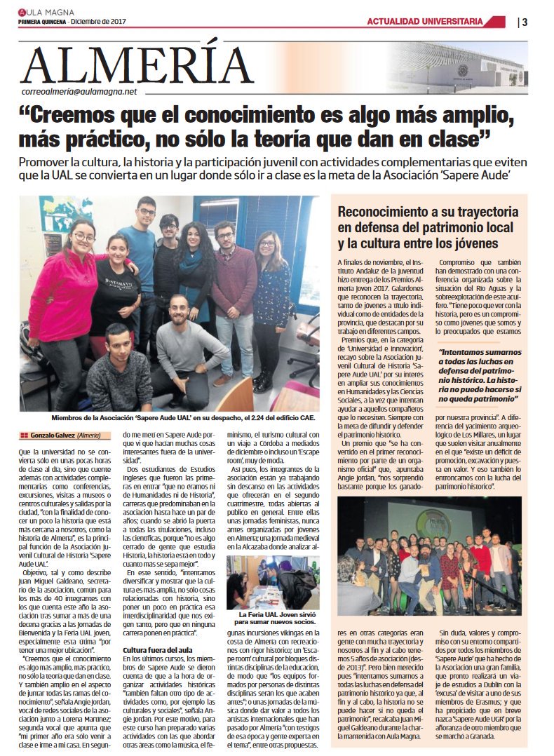 SapereAudeUAL's tweet photo. ¡Qué felices estamos con nuestra entrevista en @AulaMagna ! Muchas gracias al periódico por esta publicación. https://t.co/kuaiu0h3n0