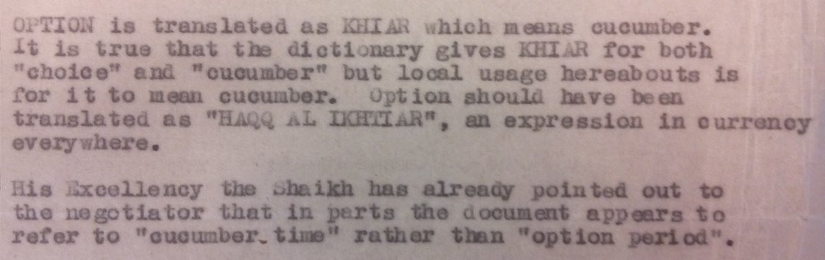 BLQatar's tweet photo. Amusing #translation error spotted by the Emir of #Kuwait in the #Arabic version of a British document. What time is it? #Cucumber time! IOR/L/PS/12/3856 https://t.co/YZf6VVN7SR