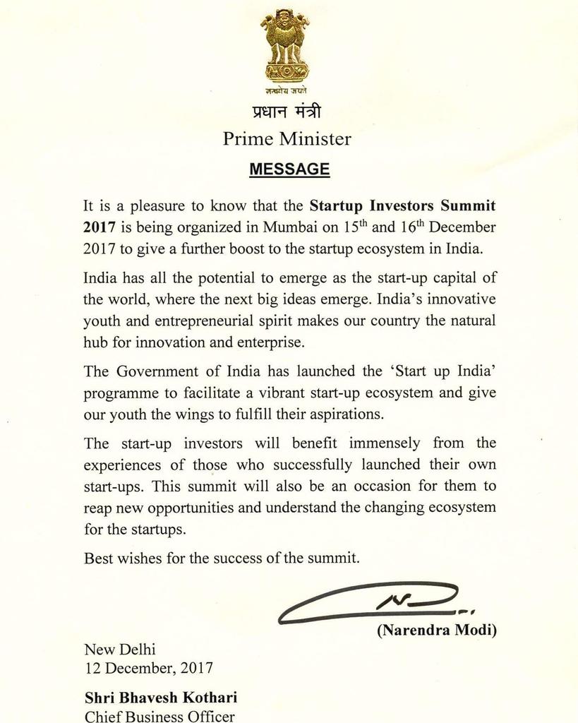 kotharibhavesh's tweet photo. What better can one ask from the Day, than to get a message from our Hon'ble Prime Minister Shri. Narendra Modi Ji extending his support & best wishes for @StartupInvestorsSummit2017, 15-16 Dec 2017, Ramada Powai.
#InvestartIndia #Startups #investors #Mentors #SIS2017 #GoSIS https://t.co/4le7Qrr9x2