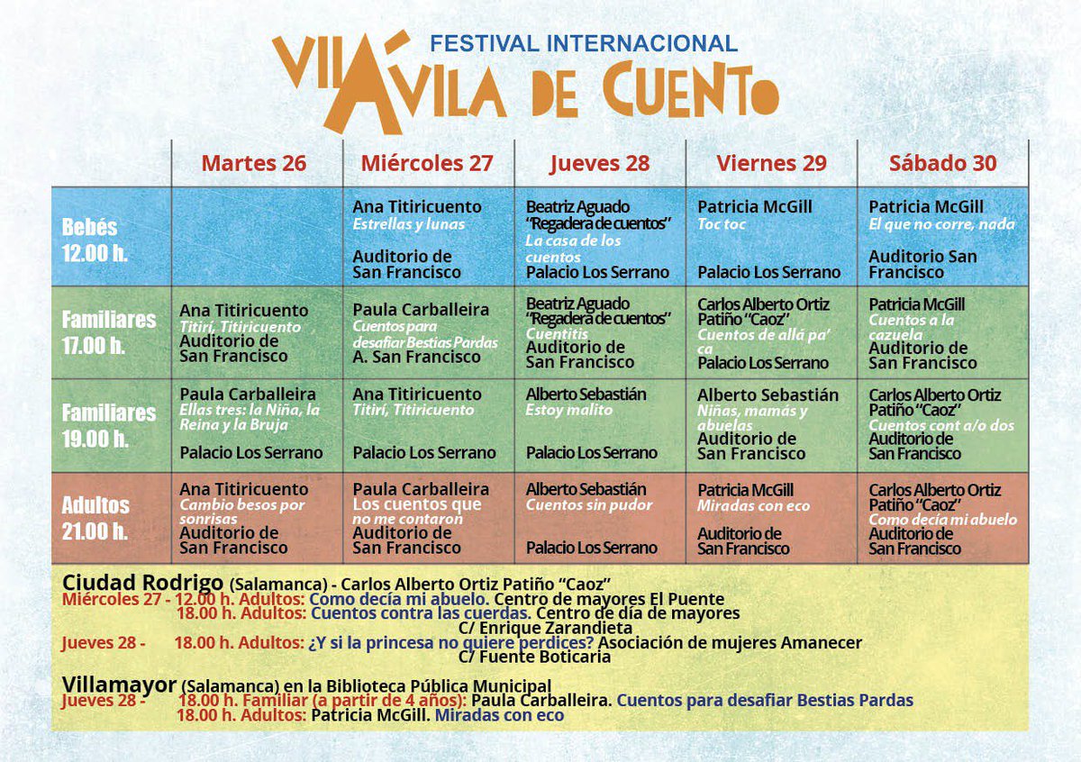 Aquí la tenéis, programación completa del VII Ávila de Cuento. ¡5 días, 6 narradores, 24 actuaciones! #NarraciónOral