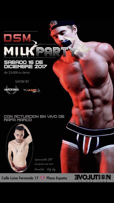 Este sábado estaré @rafamarcoporno   actuando en evolution! En la fiesta Milk party! ???? calle Luisa