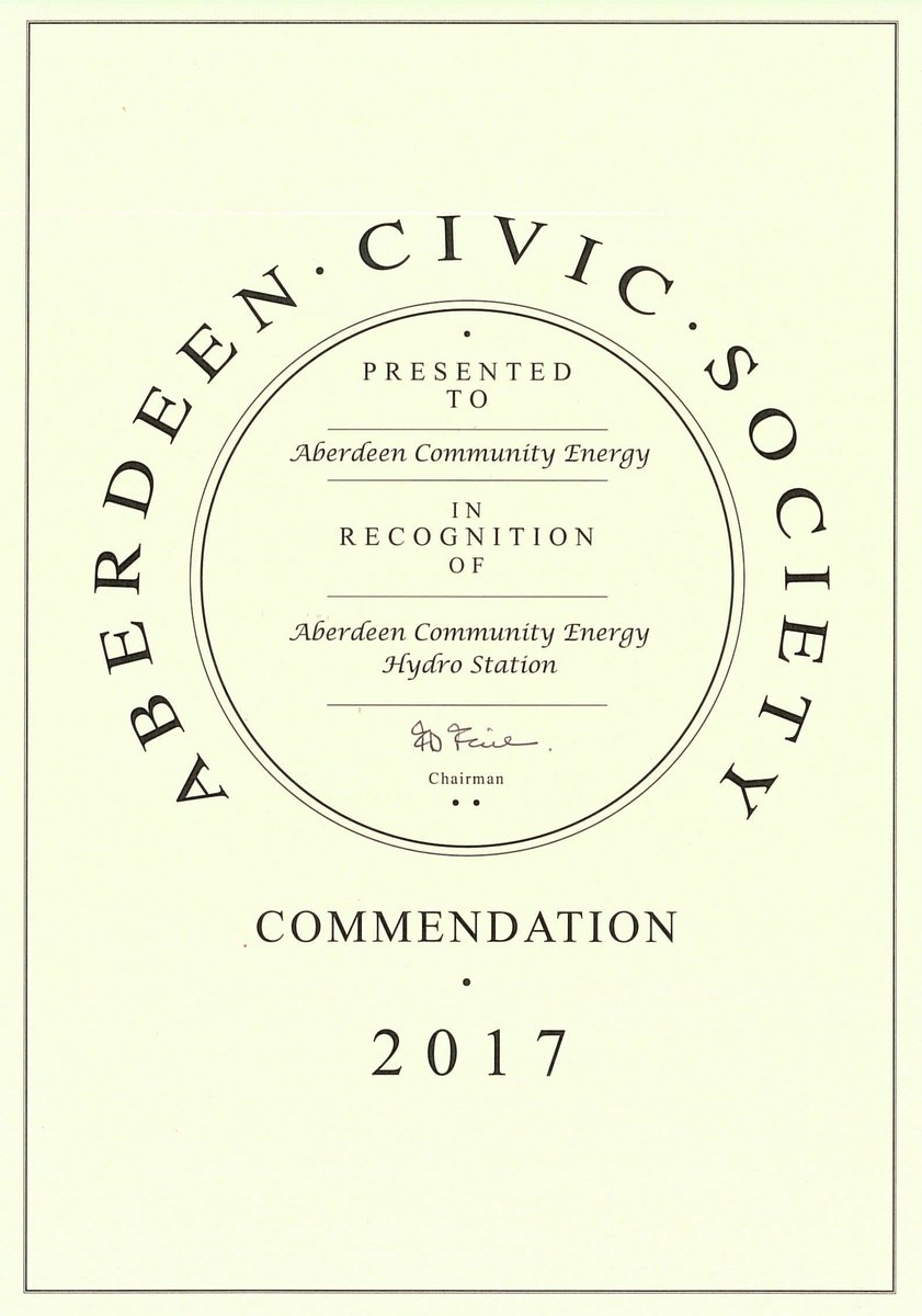 ACEnergy2016's tweet image. We&apos;re very honoured to receive an unsolicited Commendation for the Donside Hydro from the Aberdeen Civic Society! Thank you :)