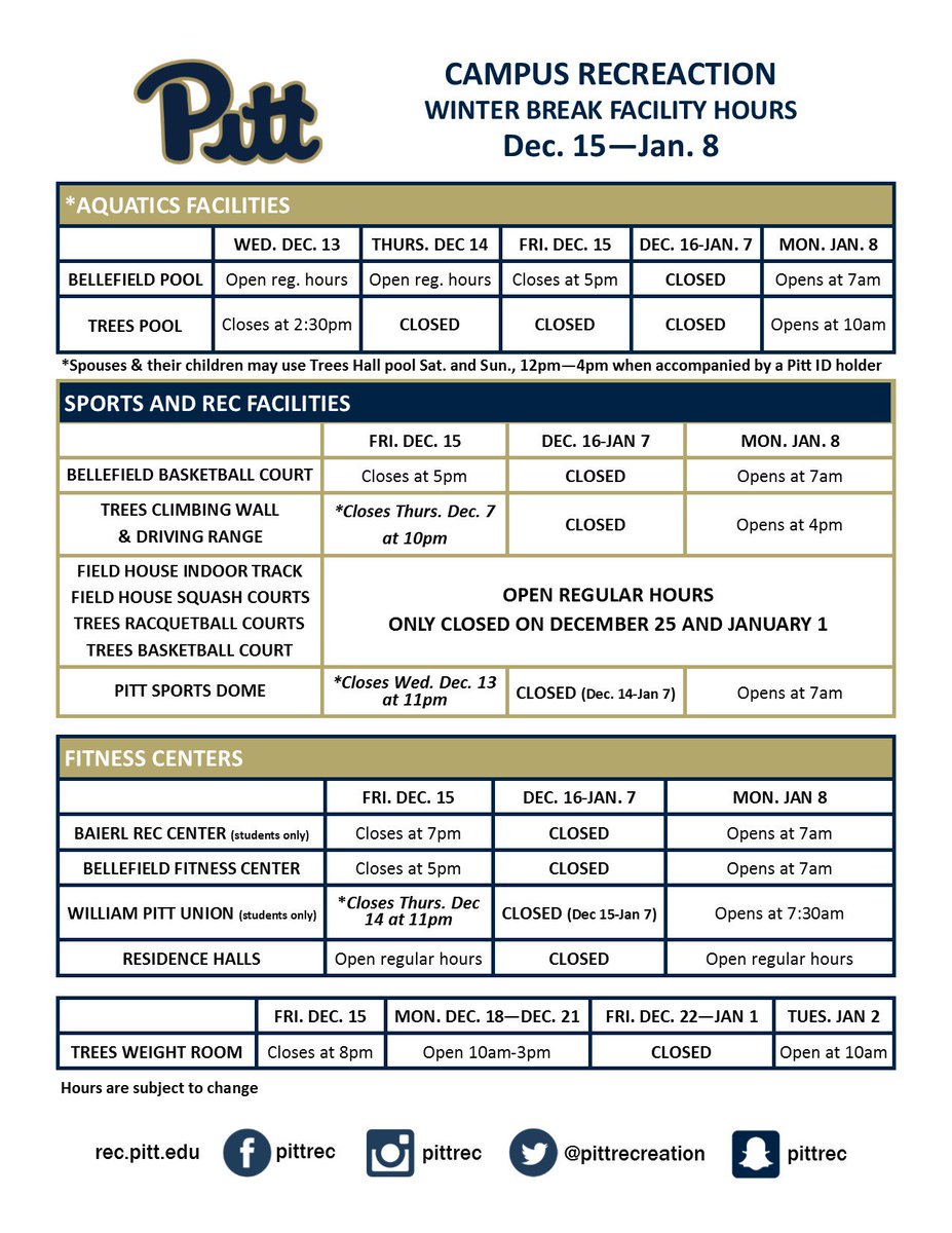 PittCampusRec's tweet photo. As you prepare for winter break, check out when our facilities will be closing! The schedule will also be on our website https://t.co/karFl0Cxt9 #winterbreak #facilityschedules #pittrec https://t.co/KVu09xYRiZ