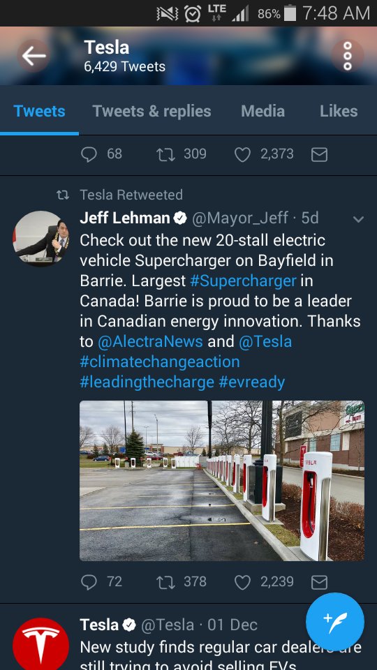 frauberry_britt's tweet photo. @cityofbarrie RT'd by @Tesla, so cool! Well done, City + @alectranews! Thanks for the fun fact @sergiogmorales. #Barrie's new 20-stall #EV #Supercharger is largest in Canada. #leadingthecharge #EVready #eMobility #CanadaEnergy #ONenergy #ONenviro https://t.co/gr6Ii8jdcb