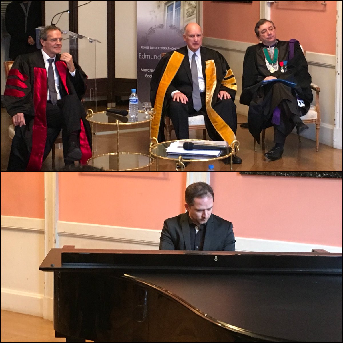 ENS_ULM's tweet photo. Une improvisation musicale de Karol Beffa pour clôturer cette très belle cérémonie de Doctorat Honoris Causa remis à @JerryBrownGov par @marc_mezard @GillesPecout https://t.co/7uiE6wpp7n