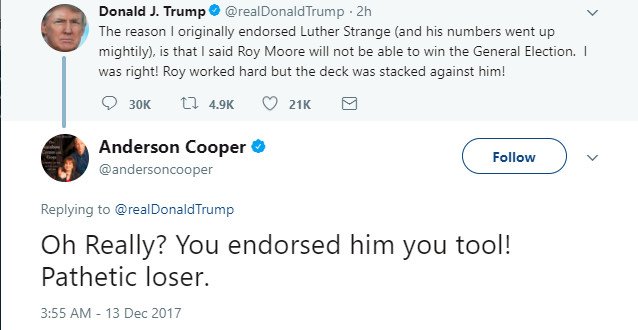 Anderson Cooper calls Trump pathetic loser on Twitter, then claims it wasn't him