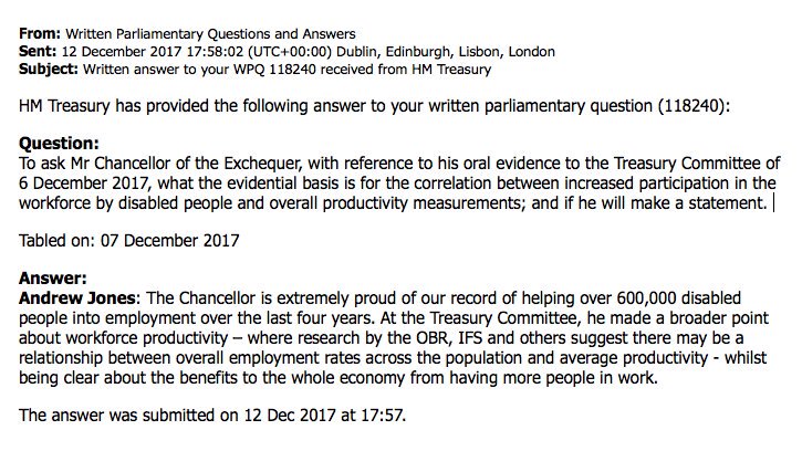 A week after <a href="/PhilipHammondUK/">Philip Hammond</a> blamed working disabled people for the UK’s low productivity, we learn that there was no evidence whatsoever for his statement. [Image: Written Parliamentary Question on disability and productivity]