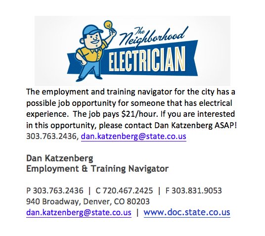 GEDPlusDenver's tweet photo. Electrical job that pays $21/hour. If you are interested in this opportunity, please contact Dan Katzenberg ASAP! 303.763.2436, dan.katzenberg@state.co.us #GEDPlusDenver #EGHS #GoodwillDenver https://t.co/1GYMOX3Vd6