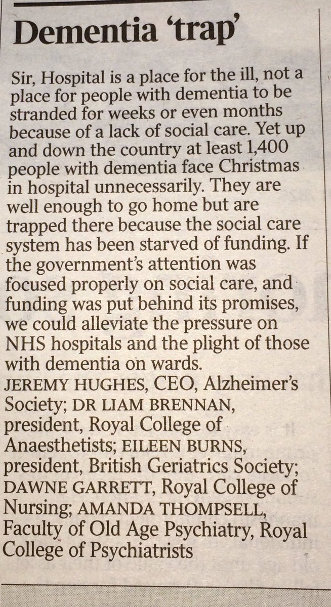 "A hospital is a place for the ill, not for people with #dementia to be stranded because of the lack of available #socialcare." - A powerful call for action from @JeremyHughesAlz  <a href="/GeriSoc/">British Geriatrics Society</a> <a href="/RCoANews/">Royal College of Anaesthetists</a> <a href="/theRCN/">The RCN</a> <a href="/rcpsych/">Royal College of Psychiatrists</a> in today's <a href="/thetimes/">The Times and The Sunday Times</a>