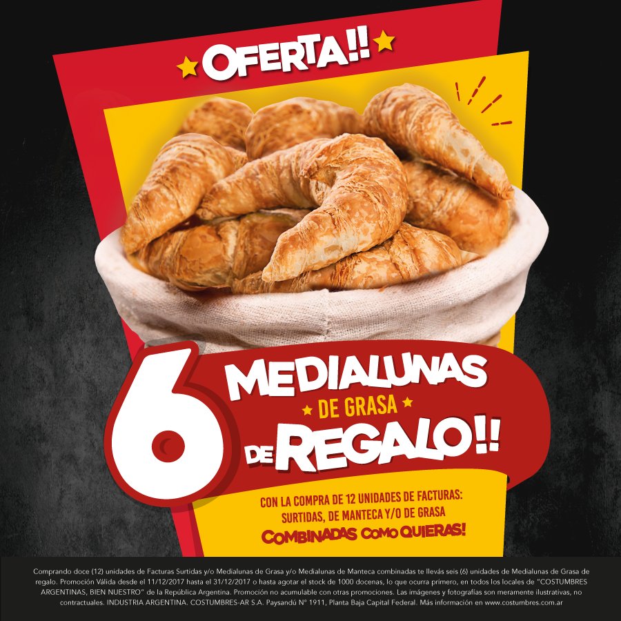 ** PROMO IMPERDIBLE!!! ** 
Llevate 6 medialunas de grasa DE REGALO con tu compra de 12 facturas (de manteca, de grasa o surtidas) combinadas como quieras. Conseguila en todas nuestras sucursales costumbres.com.ar/sucursales
