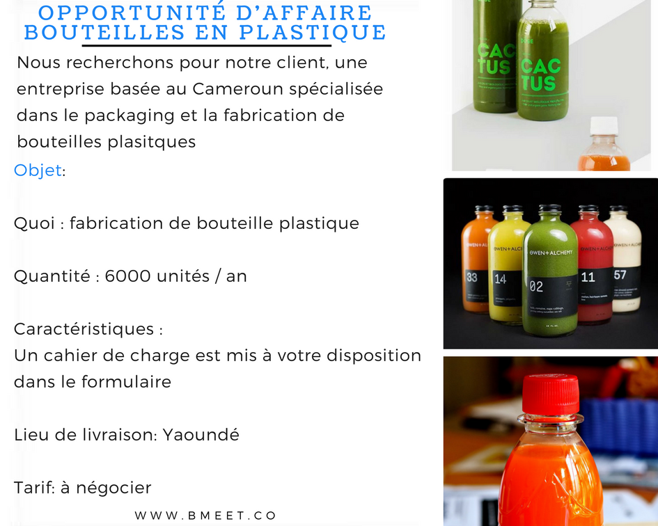 Bmeet_'s tweet photo. #BUSINESS - 1000 bouteilles

Nous recherchons une entreprise #237 spécialisée dans la production de bouteilles. 1000 bouteilles à livrer en 2 mois.

Entreprise intéréssée, Plus d'informations sur https://t.co/OHFSqJDT0W

#Business #237 #Food #Supplier #BMEET https://t.co/8LNznEs4LX