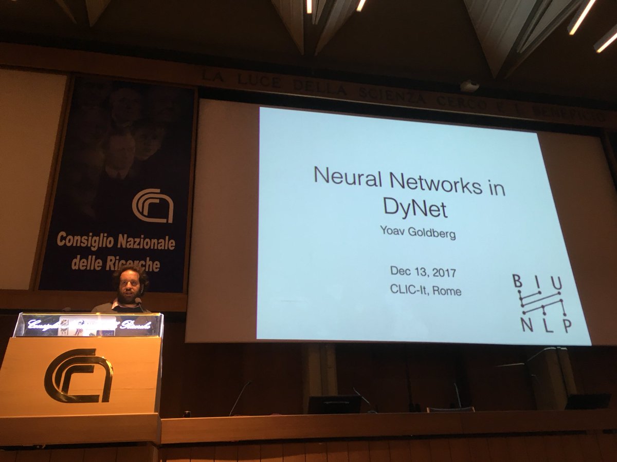 CLiC_it2017's tweet photo. Tutorial on DyNet by @yoavgo at #CLiCit2017. Just starting! #DeepLearning #NLProc https://t.co/9riiSOpEc1