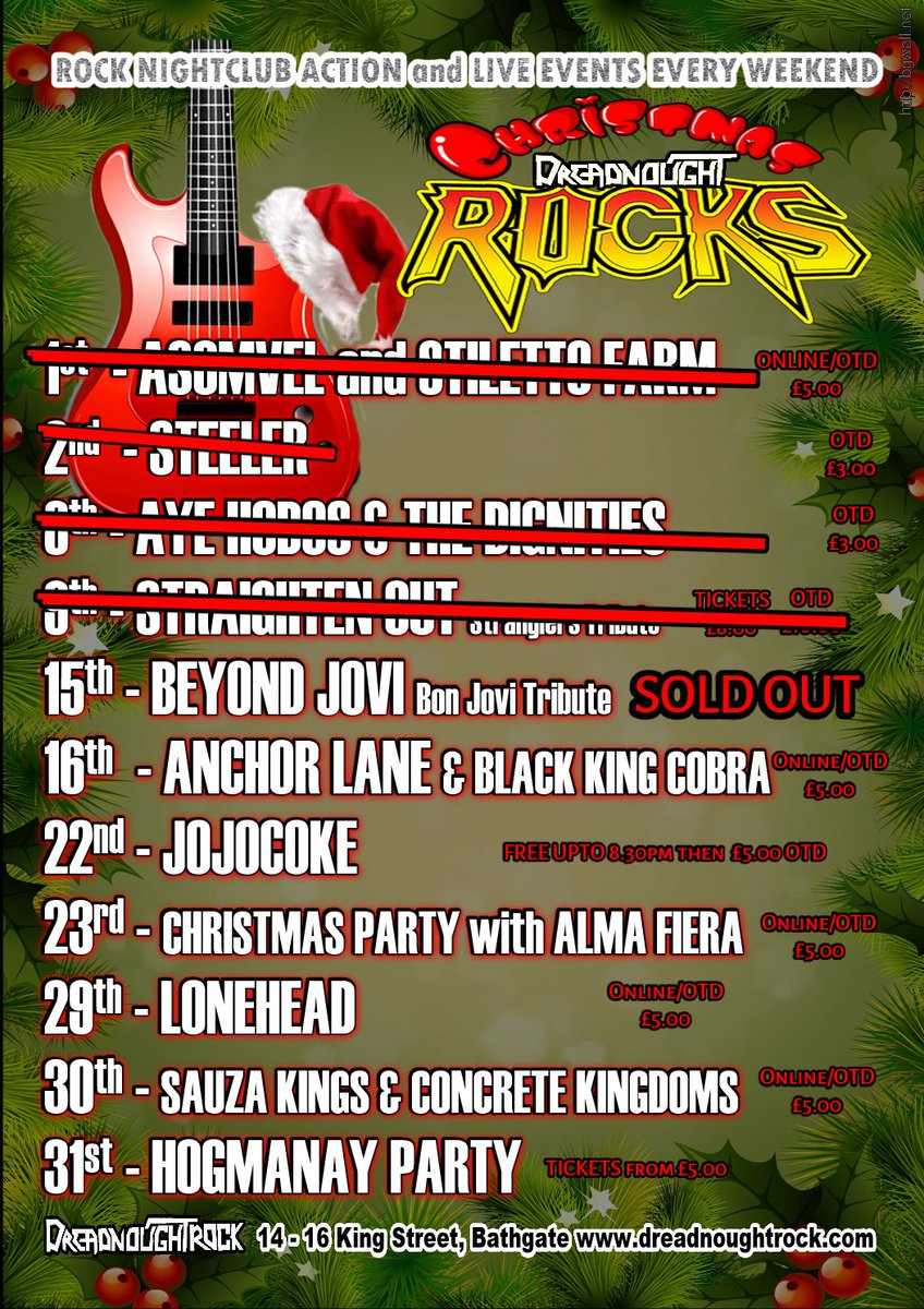 Still to come <a href="/Dreadnoughtrock/">DreadnoughtRock</a> in December
Full info at dreadnoughtrock.com
#WeROCKeveryweekend
<a href="/AnchorLane/">Anchor Lane</a> <a href="/jojocoke/">JOJOCOKE</a> <a href="/AlmaFiera/">Alma Fiera</a> <a href="/LoneheadMouth/">Lonehead</a> <a href="/thesauzakings/">Sauza Kings</a> <a href="/CK_RockNRoll/">Concrete Kingdoms</a>
