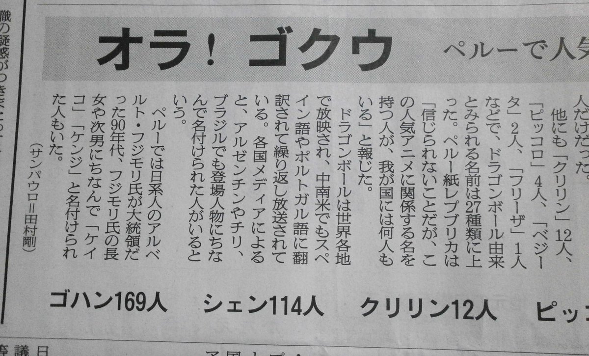 ぬらり Twitter પર 昨日13日の 朝日新聞 今 ペルーで ドラゴンボール が人気すぎて 子供の名前にキャラの名前をそのまま付けるのが流行ってるって 1位 悟飯 169人 2位 神龍 114人 他 クリリン 12人 ピッコロ 4人 ベジータ 2人 フリーザ 1人 ぬらり Twitter પર 昨日13日の 朝日新聞 今 ペルーで ドラゴンボール が人気すぎて 子供の名前にキャラの名前をそのまま付けるのが流行ってるって 1位 悟飯 169人 2位 神龍 114人 他 クリリン 12人 ピッコロ 4人 ベジータ 2人 フリーザ 1人