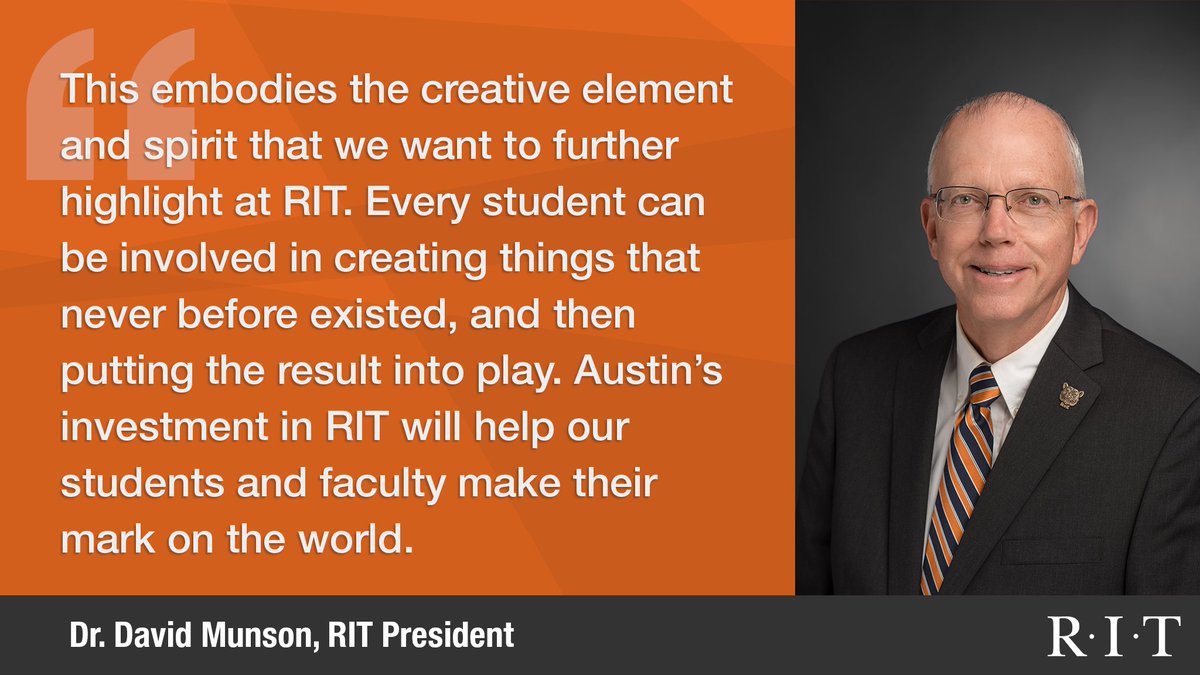 RITtigers's tweet photo. Austin McChord's investment will help us continue to push the envelope on creativity on campus and beyond, says @RITPresident. #RIT https://t.co/MSiPIB2HHJ