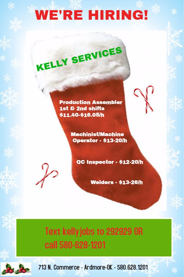 melissawh1's tweet photo. Jobs! Jobs! Jobs! Start the #newyear out with a #newjob - We are #nowhiring in #ArdmoreOK #DavisOK and #SulphurOK - #apply by texting kellyjobs to 292929 or call 580-628-1201! #jobsearching #getmehired #findajob https://t.co/8ZX46YloGX