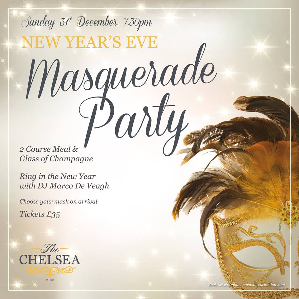 Ring in the New Year with <a href="/thechelseabar/">The Chelsea Bar</a>'s New Year's Eve Masquerade Party! 🎉
Enjoy a 2-course meal &amp; a glass of Champagne before dancing your way into 2018! DJ Marco playing all your favourite tunes so you can party the night away! 💃🏻🕺
Tickets £35
Dress Code: Party Wear