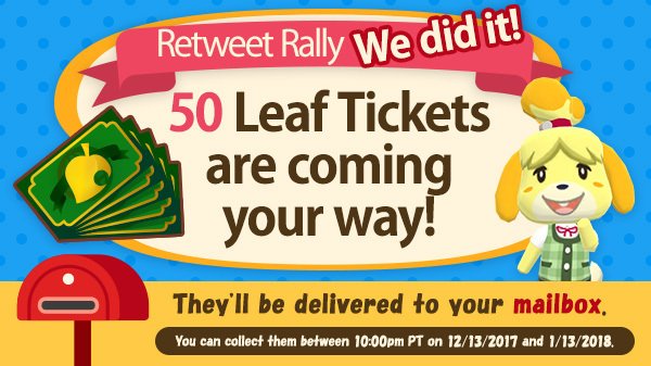 animalcrossing's tweet photo. I’ve crunched the numbers, and we’ve hit 100k retweets! This went so well that we've decided to give out 50 Leaf Tickets. #PocketCamp https://t.co/Bskzcl9rhJ