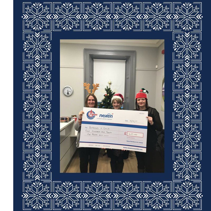 Befriendachild's tweet photo. An elf and a reindeer from @nexenenergy popped in this afternoon to present Jean, our Head of Operations with a cheque for £425 which was raised at their children's Christmas Party.  Thank you to Nexen for their contiuned support. https://t.co/ro2Zto6n4G