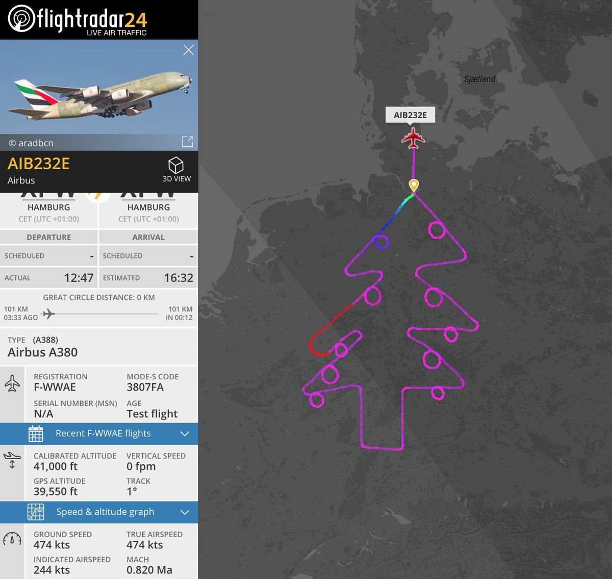 flightradar24's tweet image. Answers to a few common responses to the Airbus Christmas tree (and other special flights like the Boeing 787 drawing a 787):

1. Yes, it's real.
2. This is a test flight that would be conducted regardless of the particular flight path