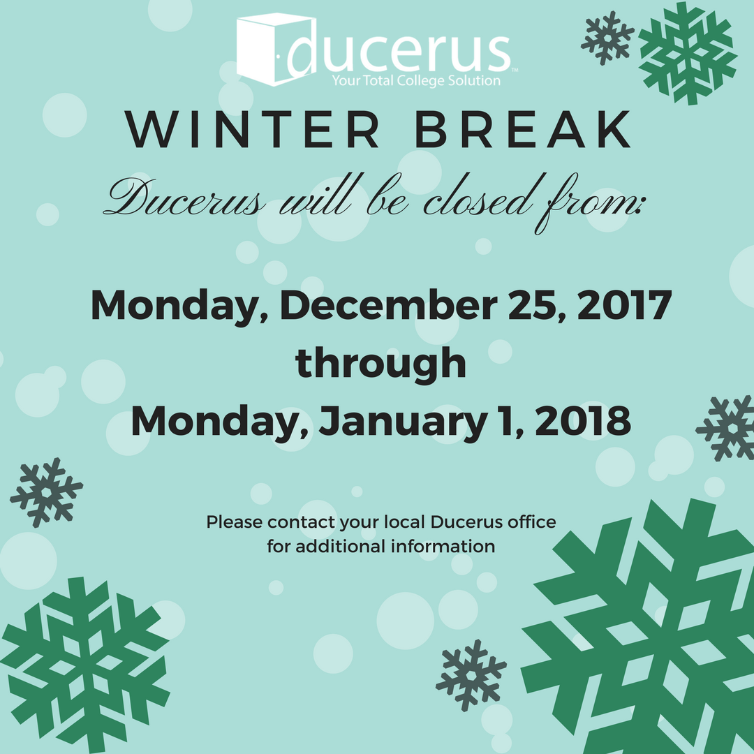 DucerusCarlsbad's tweet photo. Just a heads up! Ducerus HQ will be closed for #WinterBreak from Monday, December 25, 2017 through Monday January 1, 2018. It's still a couple of weeks away, but this gives you time to prep :) For local branch office hours, please reach out to your #Ducerus Advisor directly! https://t.co/kZtbHTwrWn