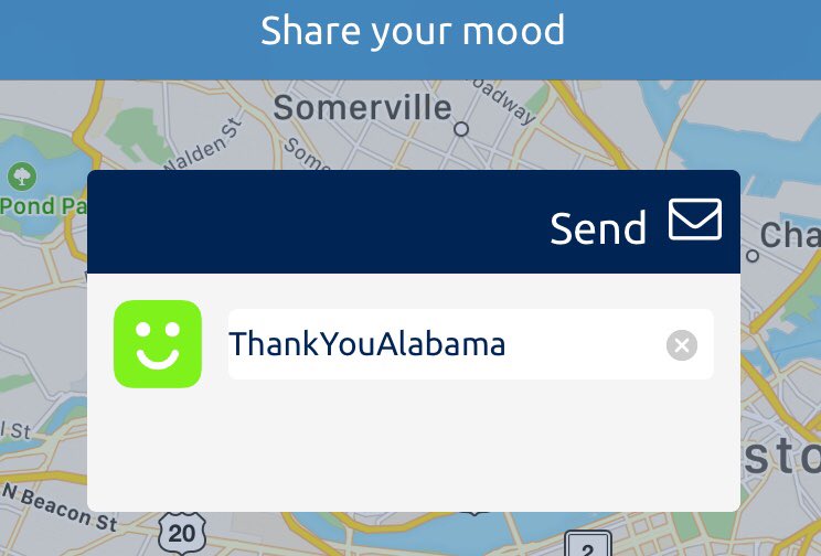 RetroscopeApp's tweet photo. Share your #mood and explore how people are #feeling about your favorite hashtags such as #ThankYouAlabama on the #retroscope #moodmap https://t.co/7ghnrsyDpb