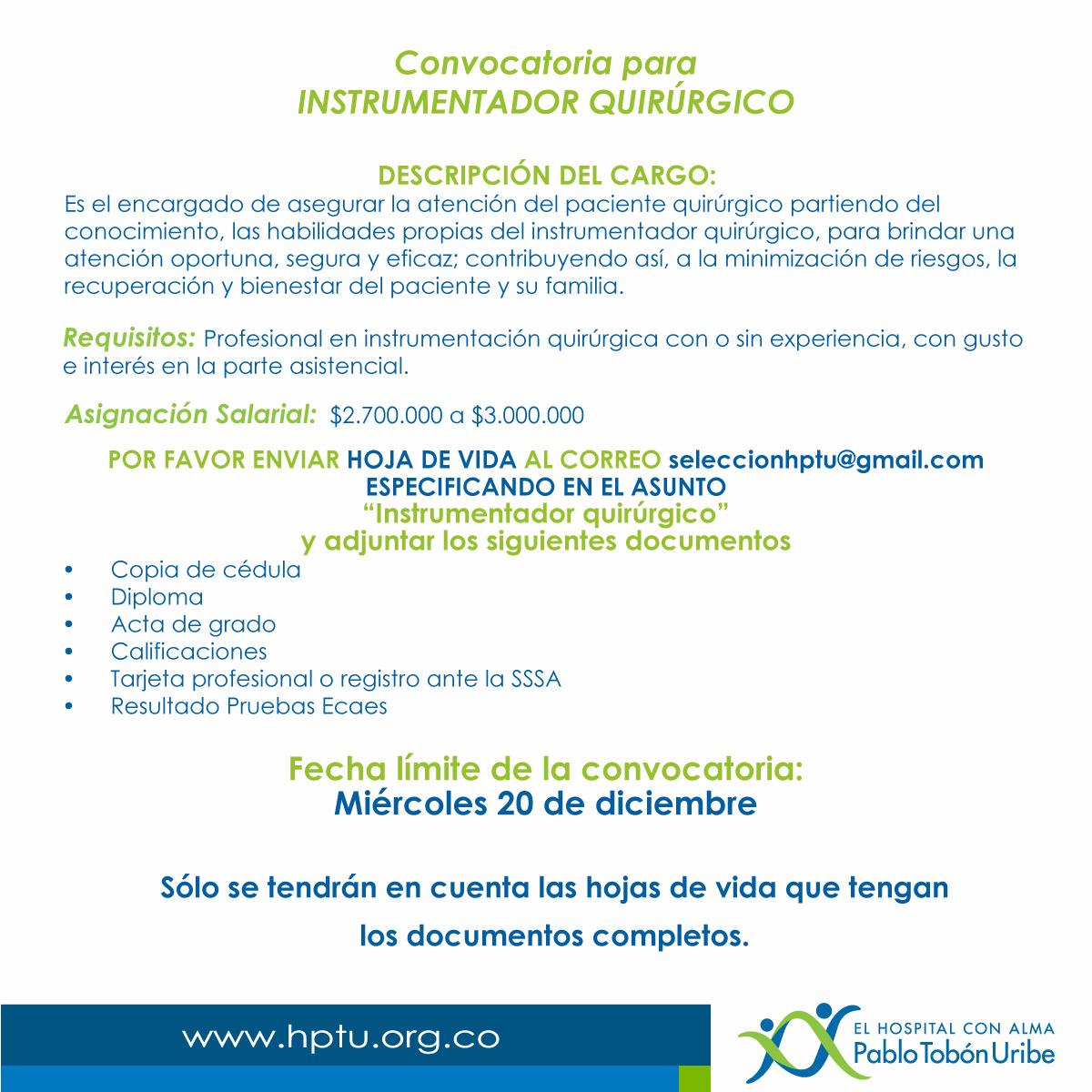 HPTU's tweet photo. Abierta convocatoria para INSTRUMENTADOR QUIRÚRGICO. Envíanos los documentos solicitados y tu HV a nuestro correo seleccionhptu@gmail.com, tienes plazo hasta el miércoles 20 de diciembre. https://t.co/4EMqxMoxUu