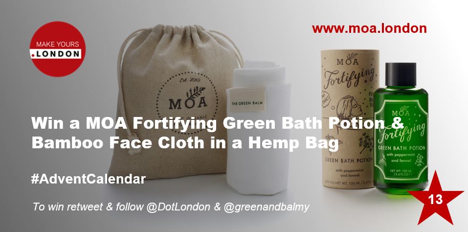 Day 13 #AdventCalendar! RT &amp; follow to #win a Fortifying Green Bath Potion &amp; Bamboo Face Cloth in a Hemp Bag from natural #skincare experts <a href="/greenandbalmy/">MOA</a>. moa.london #DotLondon