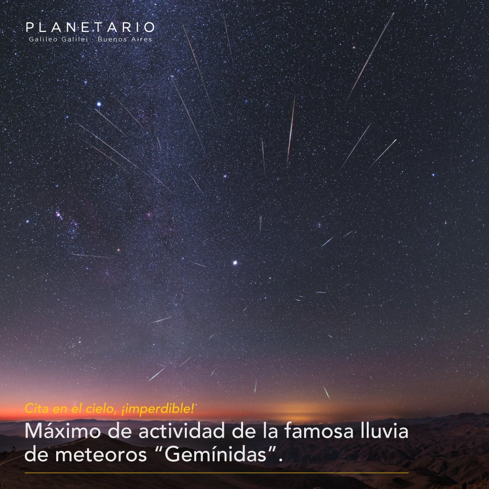 planetarioBA's tweet photo. Máximo de actividad de la famosa lluvia de meteoros “Gemínidas”. El fenómeno comenzará luego de las 23.00 h. de hoy y se extenderá hasta poco antes del amanecer del jueves 14. 

Más info en https://t.co/D8z3M7KtIt

*Créditos de imagen &amp; Copyright Yuri Beletsky. https://t.co/Xg20cElXOo