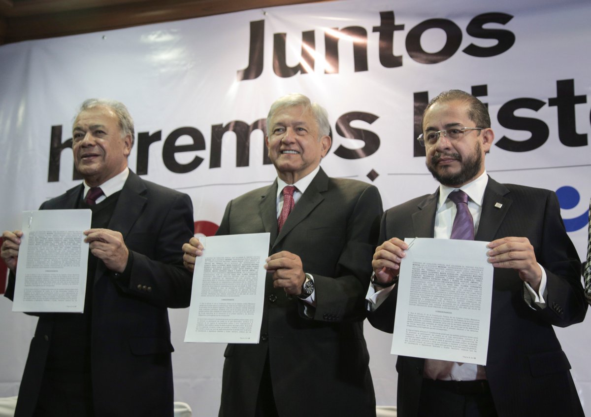 lopezobrador_'s tweet photo. Se firmó la alianza "Juntos haremos historia" entre MORENA, PT y PES.

Con unidad, partidos y ciudadanos, ganaremos la Presidencia y transformaremos a México. https://t.co/PdyBp6DfJL