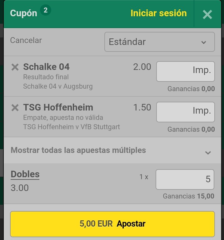 WeekBet's tweet image. Vamos con una combinada de fútbol para el miércoles con dos partidos de Bundesliga! ⚽
⬛ Victoria sin empate del Hoffenheim + Schalke 04
⬛ Cuota: 3 💰
⬛ Stake: 7 🍀
⬛ Apostado: 5 unidades 
Toca romper la mala racha y que mejor que con un 🍏🍏!!