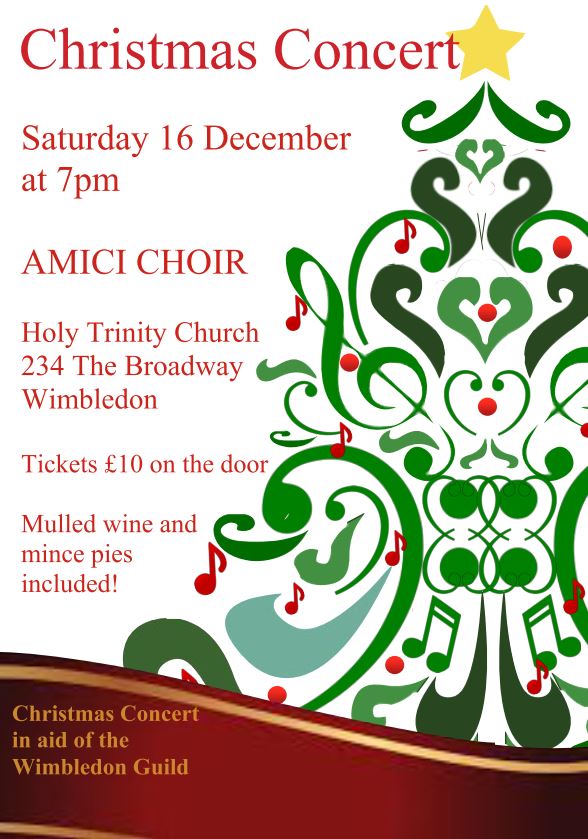 SATURDAY|CHRISTMAS CONCERT|If you're at a loose end on Sat evening, pop along to <a href="/amici_choir/">Amici Choir</a> Christmas Concert <a href="/HolyTrinitySW19/">Holy Trinity SW19</a>  Festive fun &amp; singing + mulled wine &amp; mince pies. What's not to like?! £10 Tickets on door. 7pm, 234 The Broadway, Wimbledon (nxt to Polka Theatre).