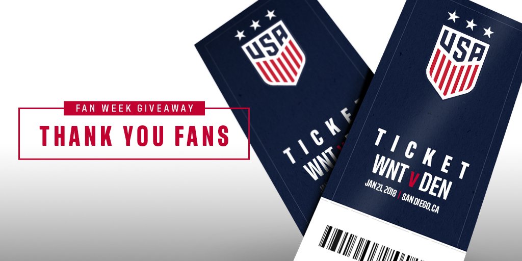 USWNT's tweet photo. ‼️ Dream Giveaway ‼️

RT and follow for a chance to win a pair of Ultimate Fan 🎟 to #USAvDEN in January! Prize includes: Premium seats, custom jersey, VIP tour and more.

#FanWeek2017 rules: https://t.co/dNl7Tj7NS2 https://t.co/25qiEb0W45