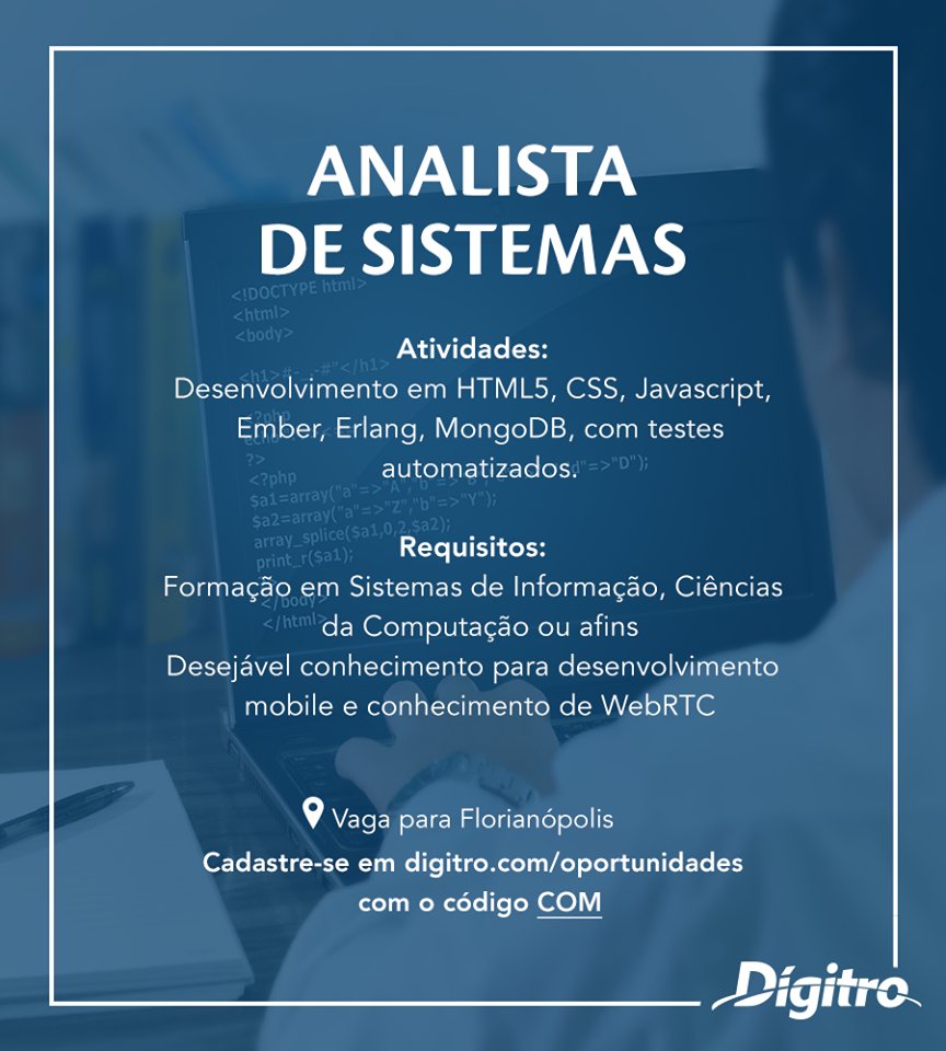 rpina73's tweet photo. Estamos com uma vaga de Analista de Sistemas para trabalhar com projetos inovadores. Aqui na Dígitro você contará com diversos benefícios.

Ficou interessado? Cadastre-se no site https://t.co/PTe3LPTKLp com o código COM. https://t.co/XpaZJBK9sc