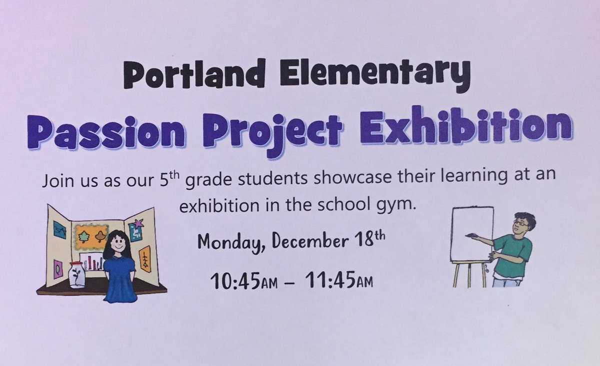 We invite the community to attend our 5th grade Passion Project Exhibition on Dec 18! Our student have been working hard and are eager to present their learning. <a href="/dporterJCPS/">Diane Porter</a> @region6jcps <a href="/JCPSKY/">JCPS</a> <a href="/kids_inspire/">Carmen Coleman</a> <a href="/UofLEngaged/">UofL Office of Community Engagement</a>