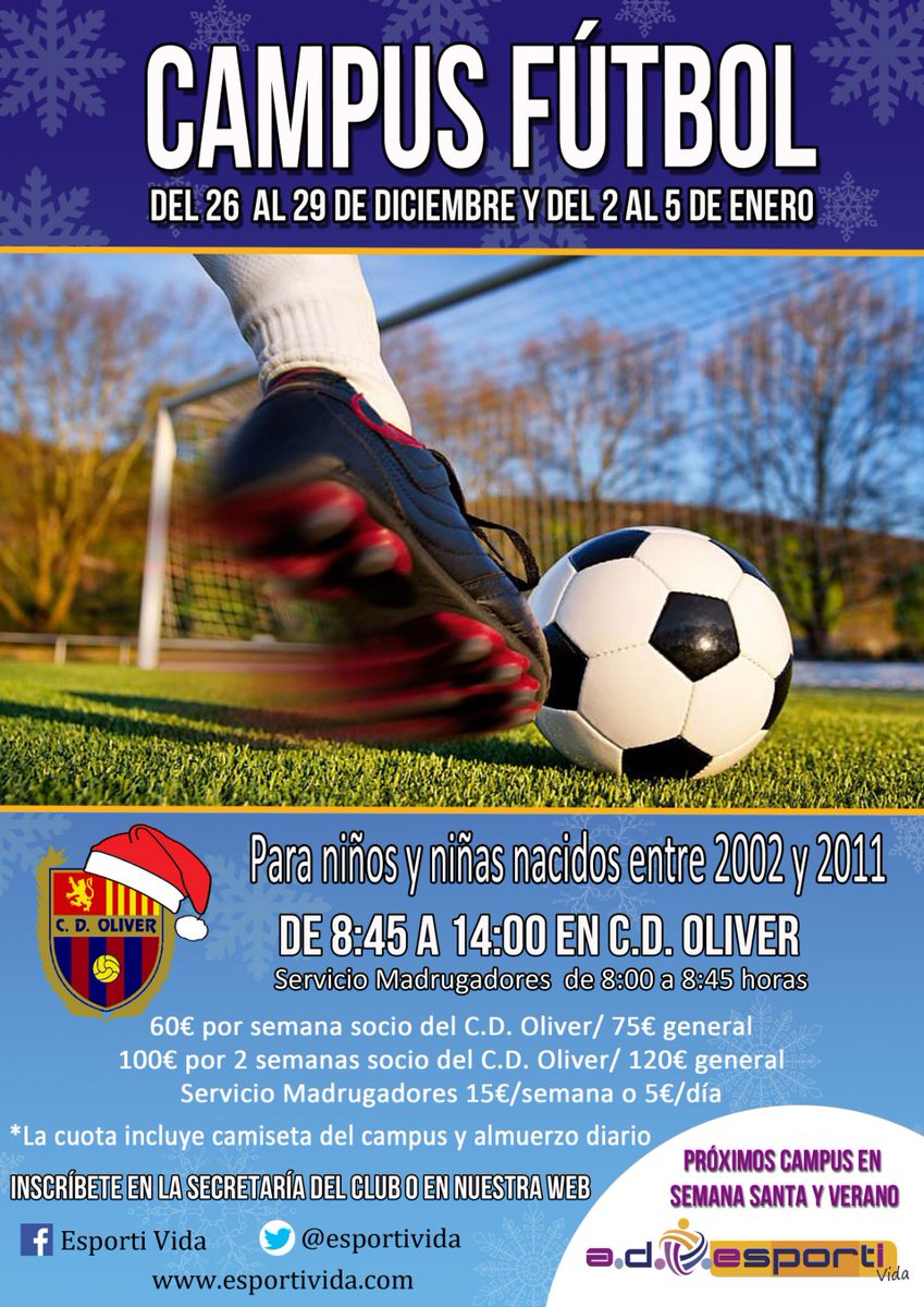 CDOliverUrrutia's tweet photo. Continuamos recibiendo inscripciones para el campus de Navidad 🎅🎄

Para niños y niñas nacidos entre 2002 y 2011.

2 Turnos:
26-29 Diciembre

02-05 Enero

Os esperamos ⚽🎄 https://t.co/SZPYmAKRkj